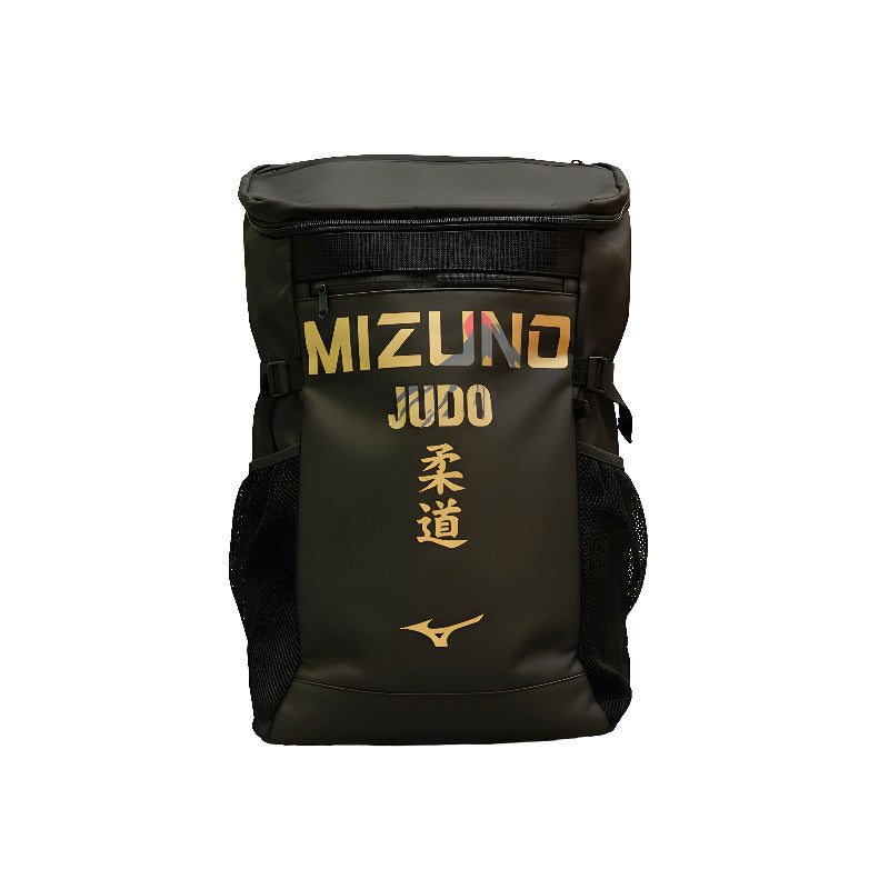 Zaino Mizuno Fuji Judo da 30 litri nero con dettagli dorati.