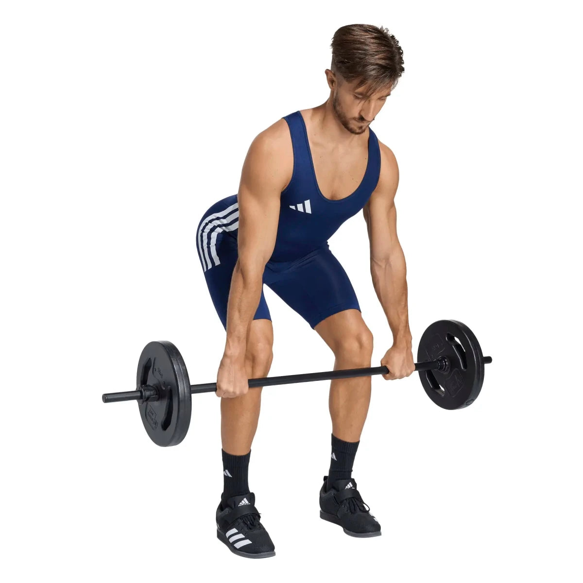 Zadní strana vzpěračského obleku adidas Powerlift s ergonomickým designem v modré barvě.