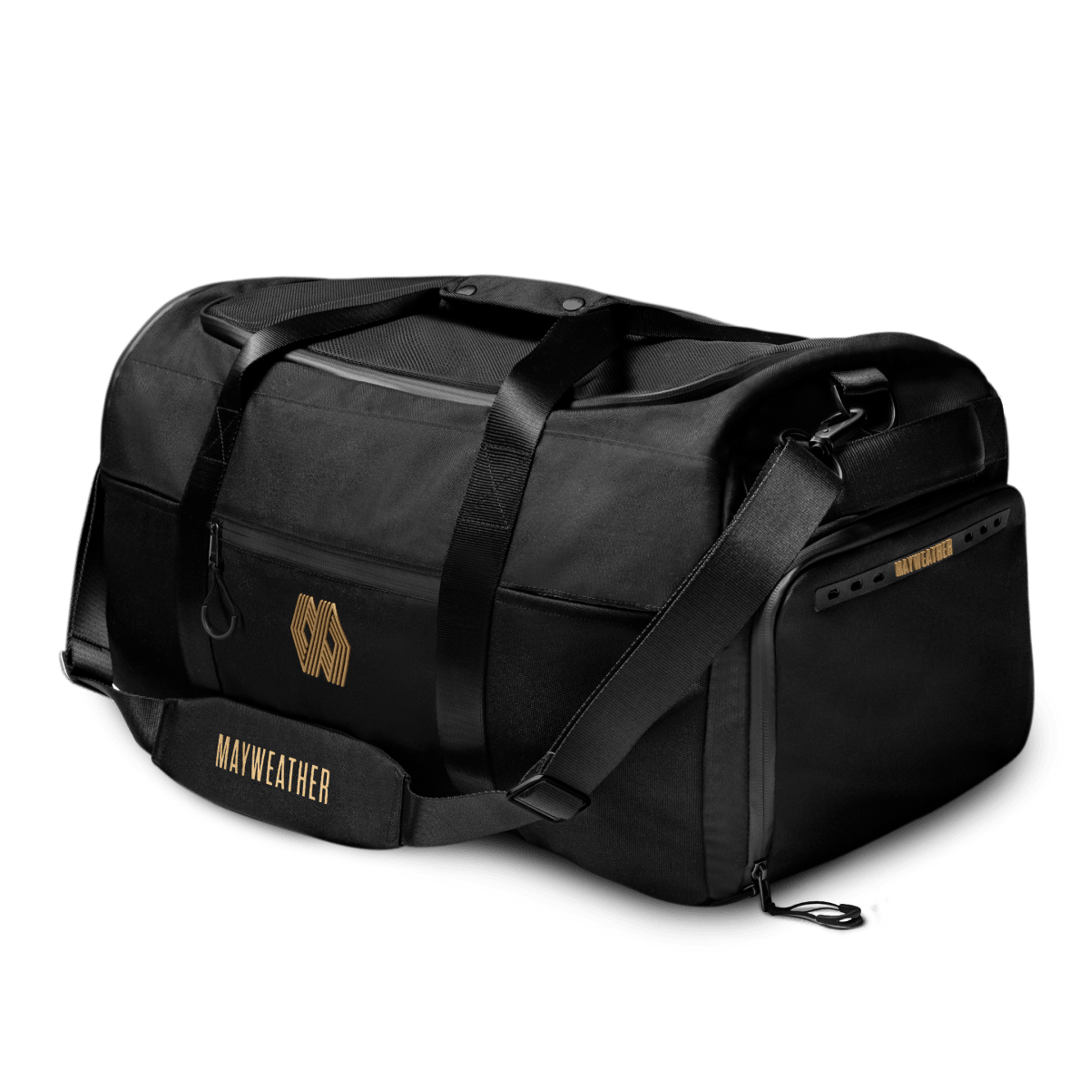 Tampilan depan tas tinju Mayweather Airstream Duffle hitam dan emas