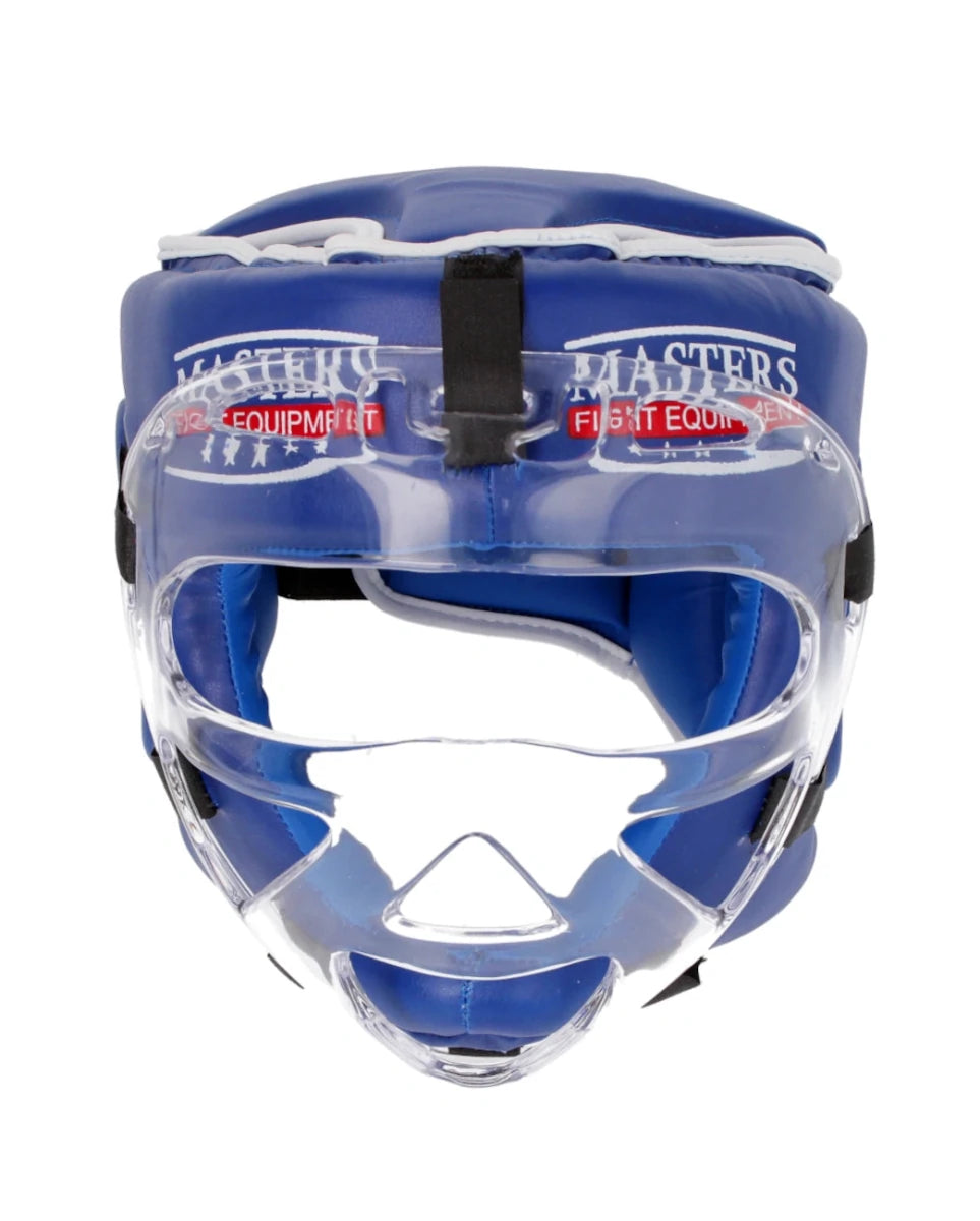 Blauer WAKO Kickbox-Helm mit Visier für vollständigen Gesichtsschutz beim Sparring