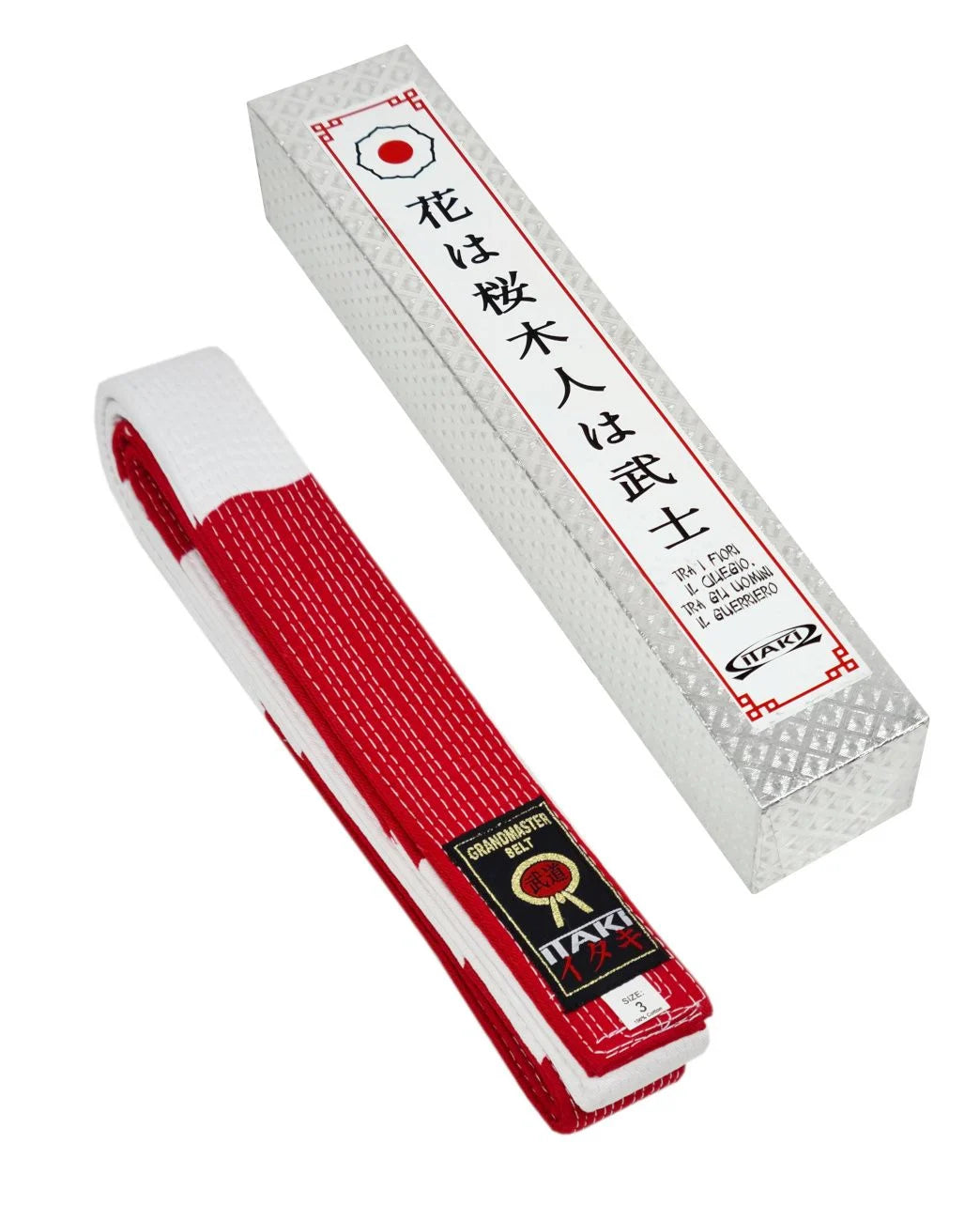 Cintura bianca e rossa Itaki per maestri 6° dan con scatola decorata e proverbio giapponese
