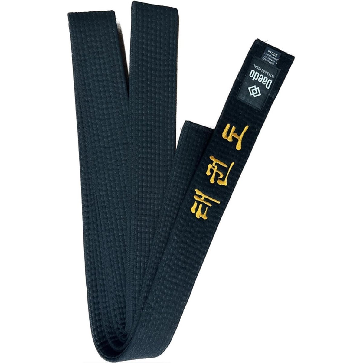 Daedo 5 cm schwarzer Gürtel mit Taekwondo-Stickerei, aufgerollt, um die Dicke und den Stoff zu zeigen