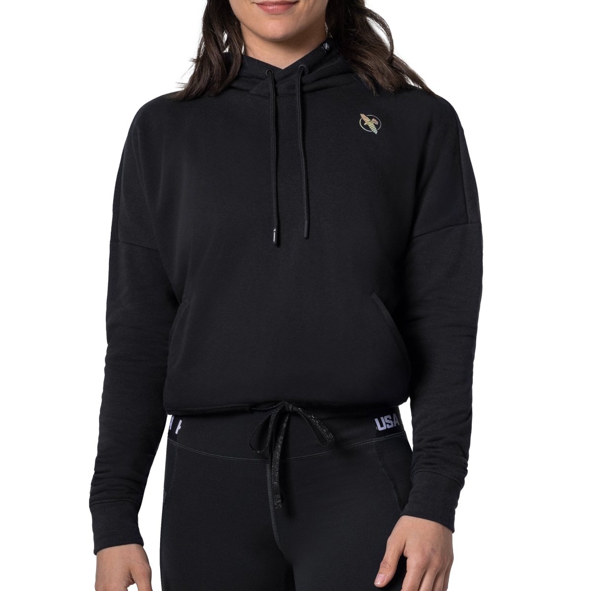 Vorderansicht des schwarzen Hayabusa-Fleece-Sweatshirts mit Kapuze und übergroßem Schnitt