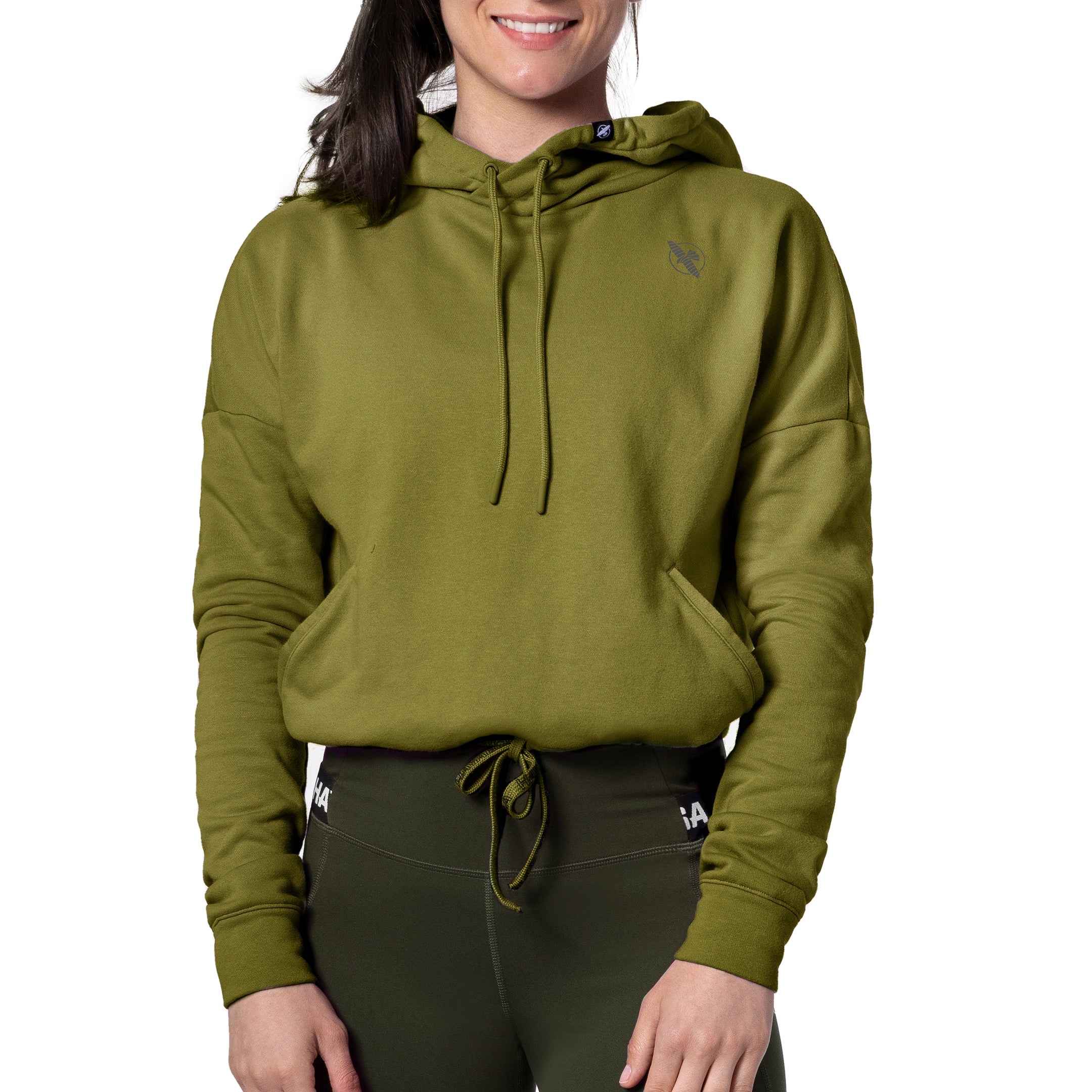 Vista frontale della felpa cropped Hayabusa verde oliva melange, ideale per l'active lifestyle
