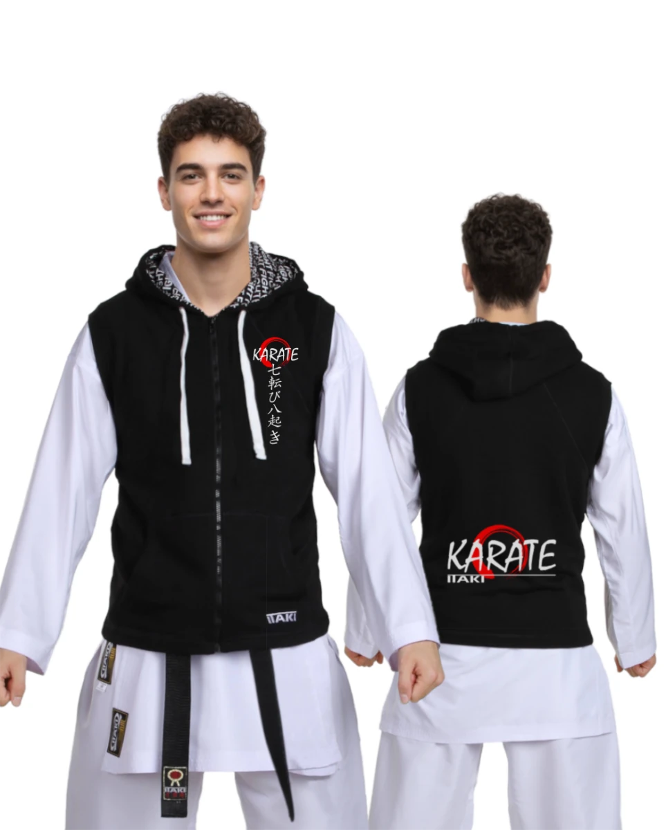 Schwarzes ärmelloses Itaki-Sweatshirt mit japanischem Kanji-Aufdruck, ideal als Karate-Überzug