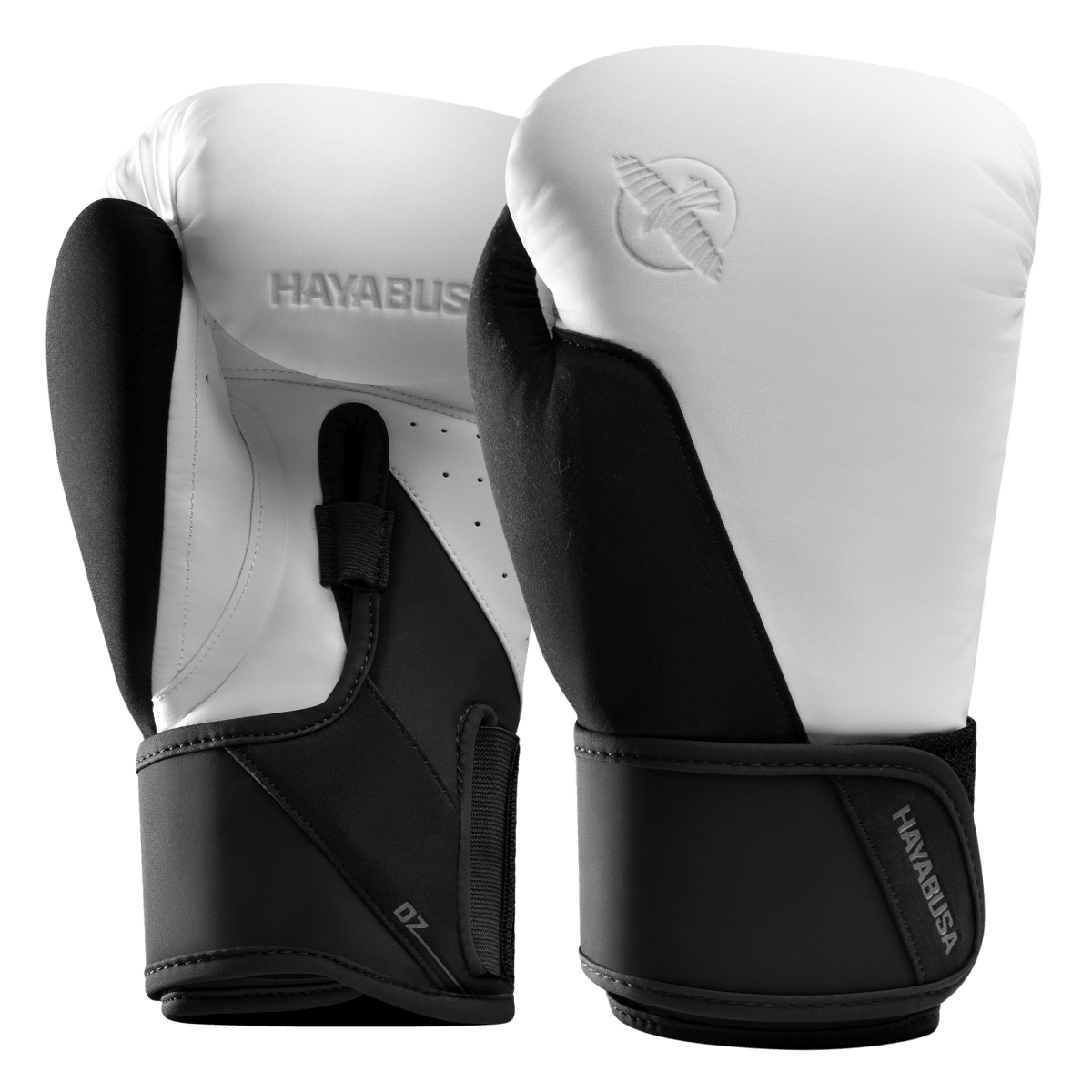 Mănuși de box Hayabusa T360 albe și negre văzute din față în prim-plan