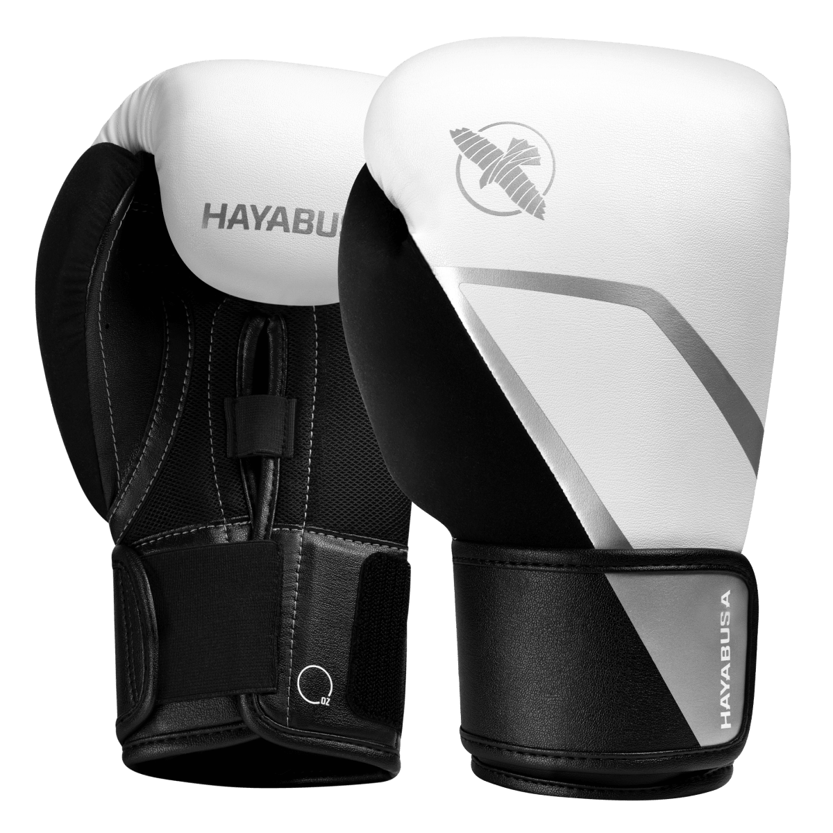 Pair of white and silver Hayabusa E1 boxing gloves, overall view