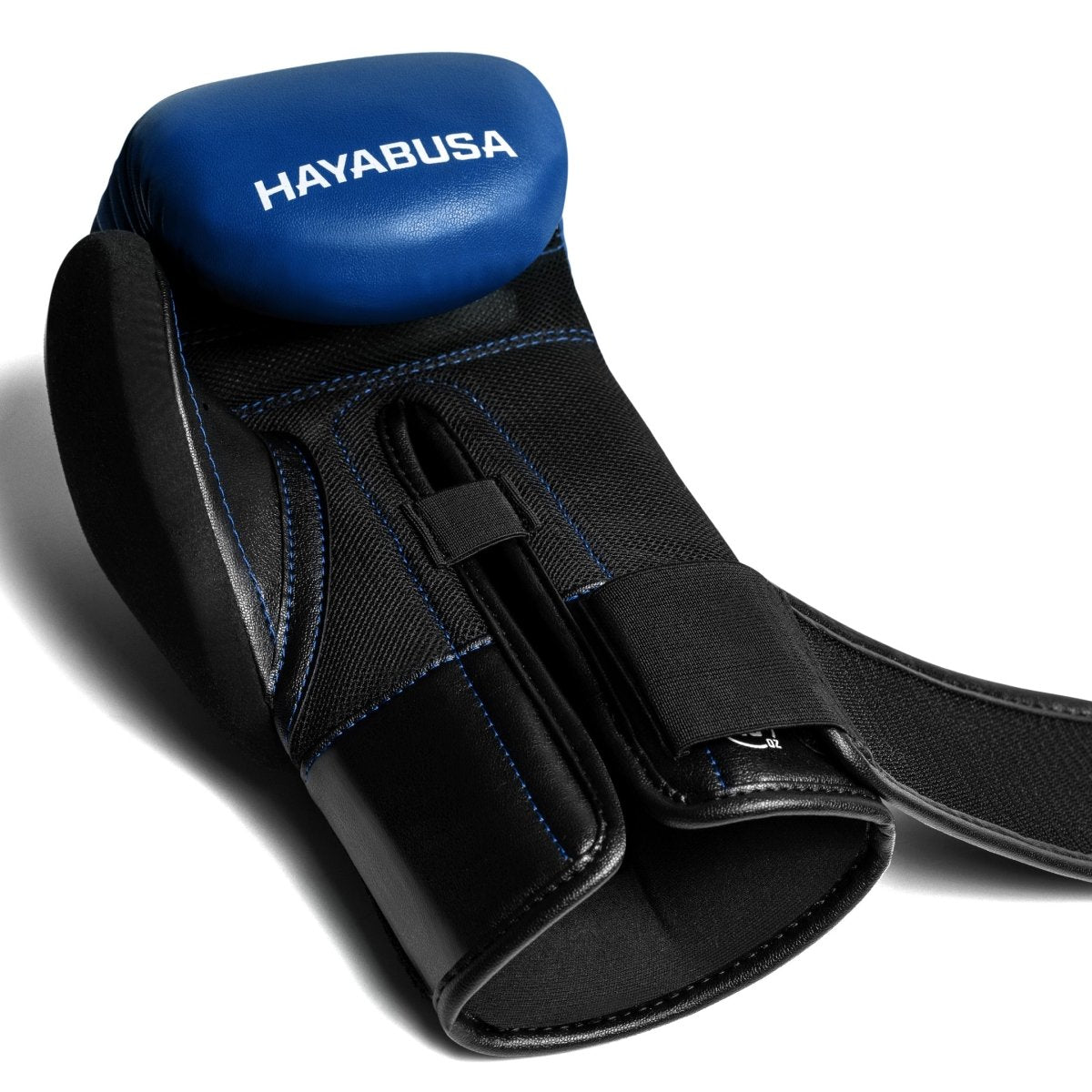 Detail of the cuff and unfastened closure on the blue Hayabusa E1 gloves