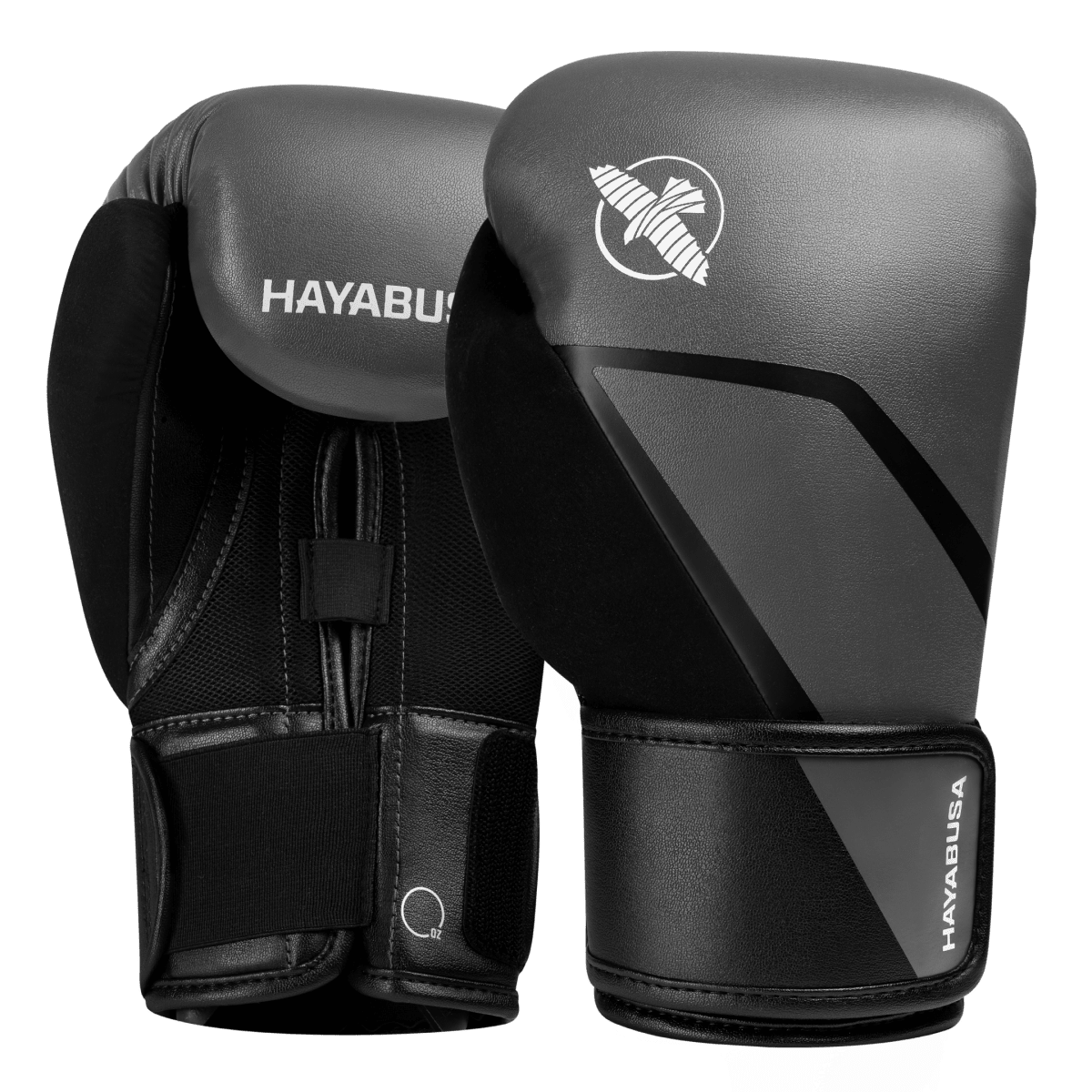 Set of gray Hayabusa E1 boxing gloves with black palm and details