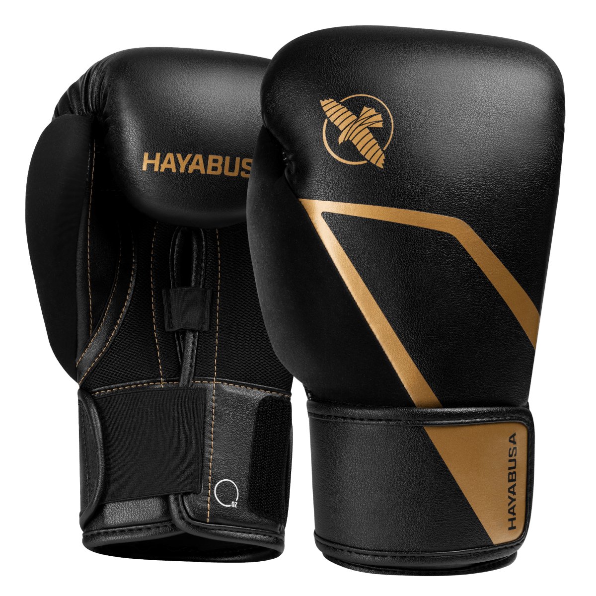Pair of black Hayabusa E1 boxing gloves with premium gold details