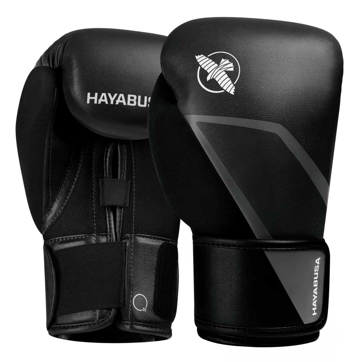 Pair of classic black Hayabusa E1 boxing gloves with gray logo