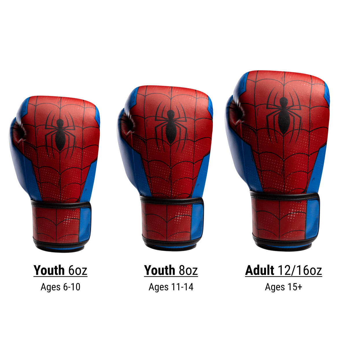 Maattabel voor Spider-Man handschoenen verdeeld in kinder- en volwassenmaten