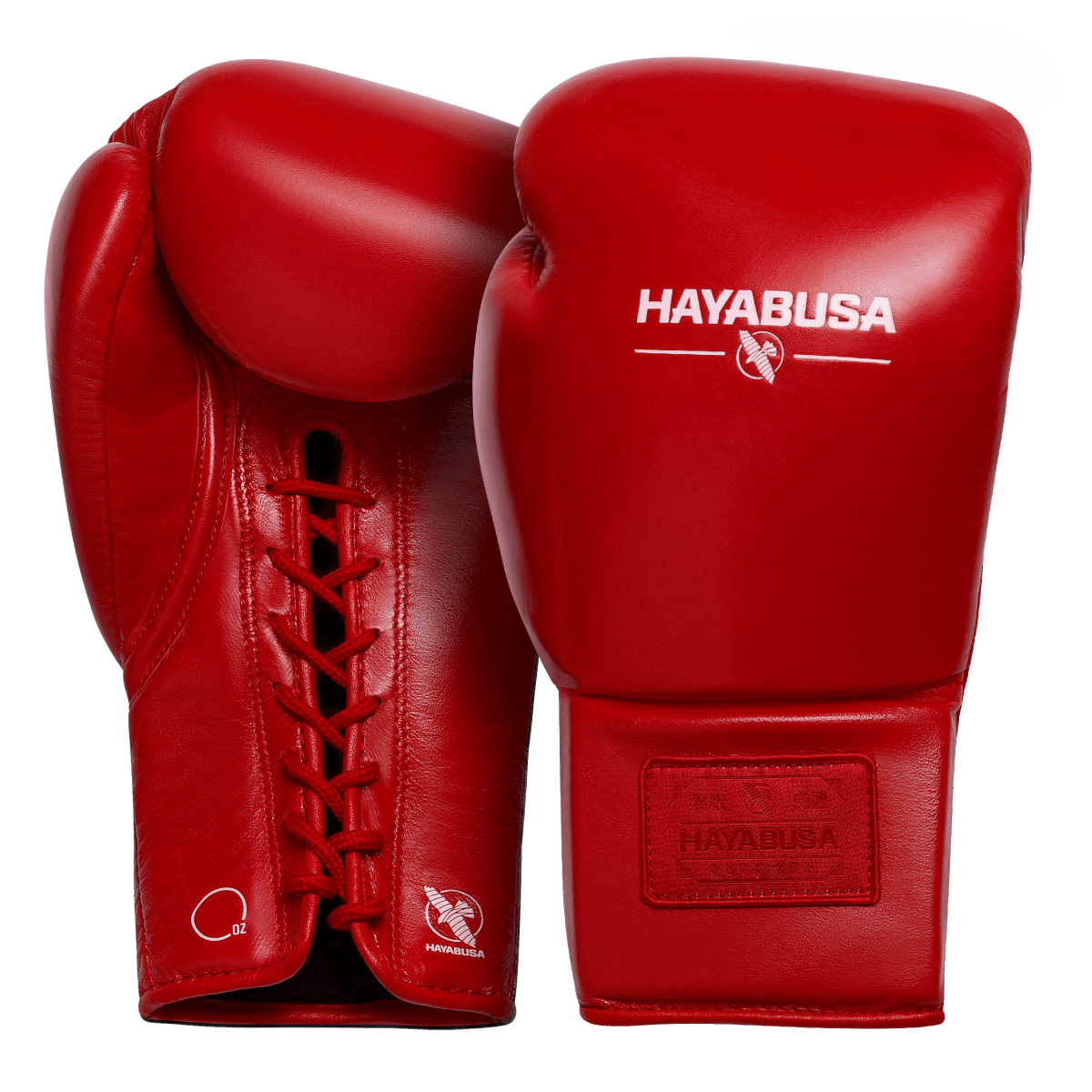 Pair of red Hayabusa Pro Lace boxing gloves, overall view
