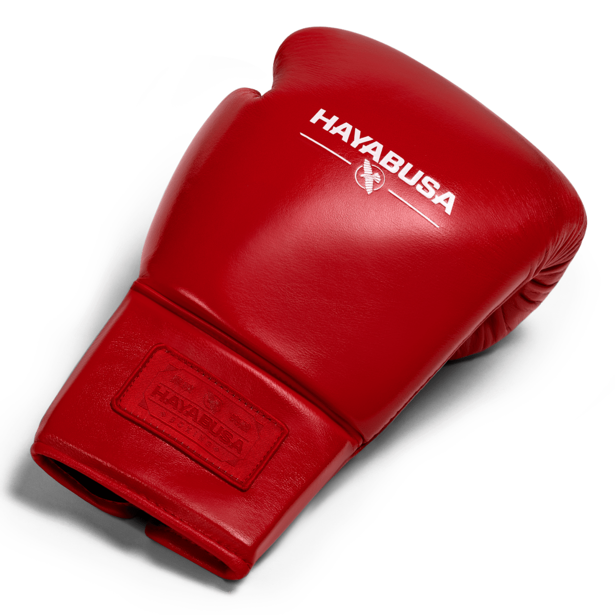 Top view of a single red Hayabusa Pro Lace boxing glove, showing the padding and full grain leather