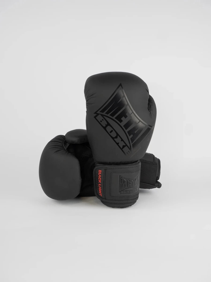 Front view of matt black Metal Boxing Black Light Competition gloves