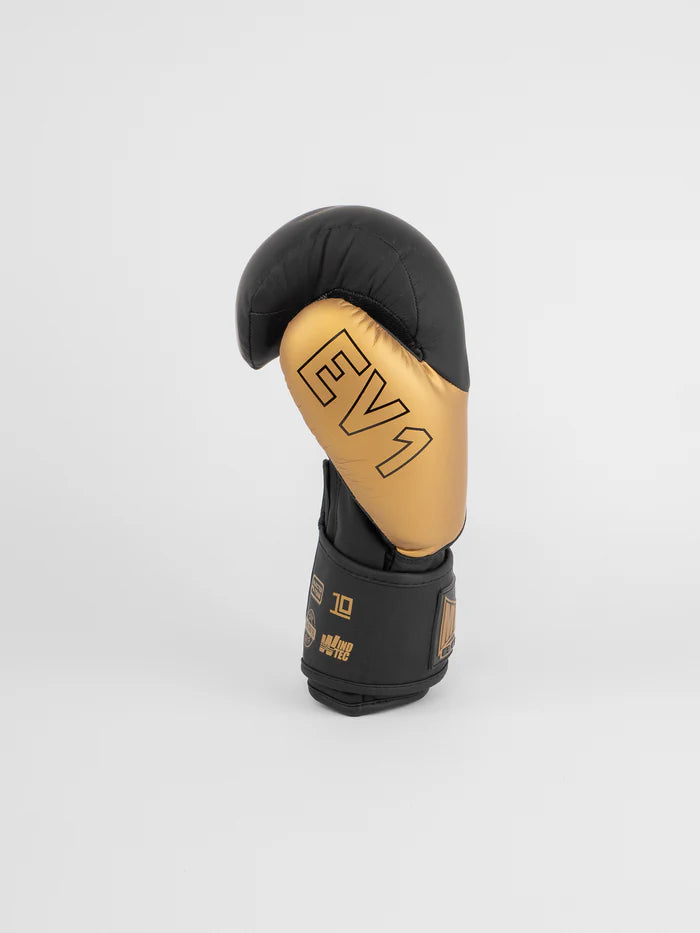 Vista laterale guantoni Metal Boxe EV1 nero oro, dettaglio tecnologia ergonomica EVOTECH