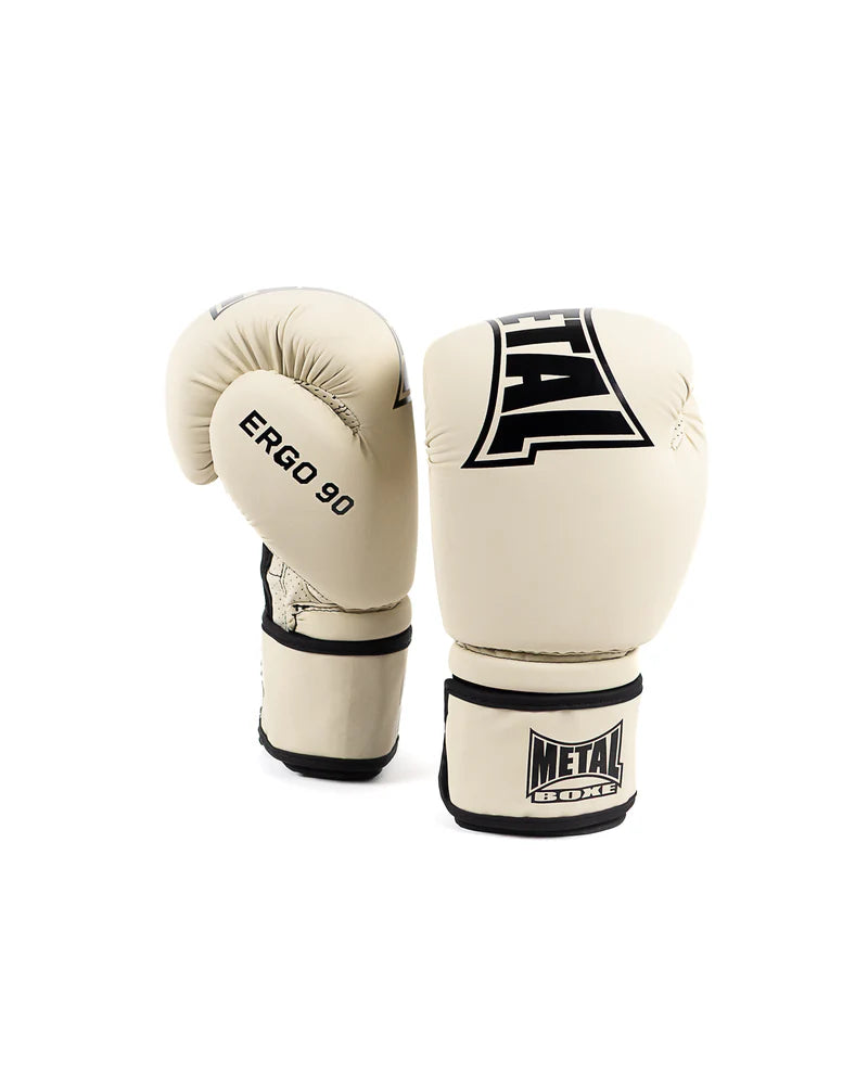 Coppia di guantoni Metal Boxe Ergo 90 beige, vista frontale dell'imbottitura anatomica in schiuma iniettata.