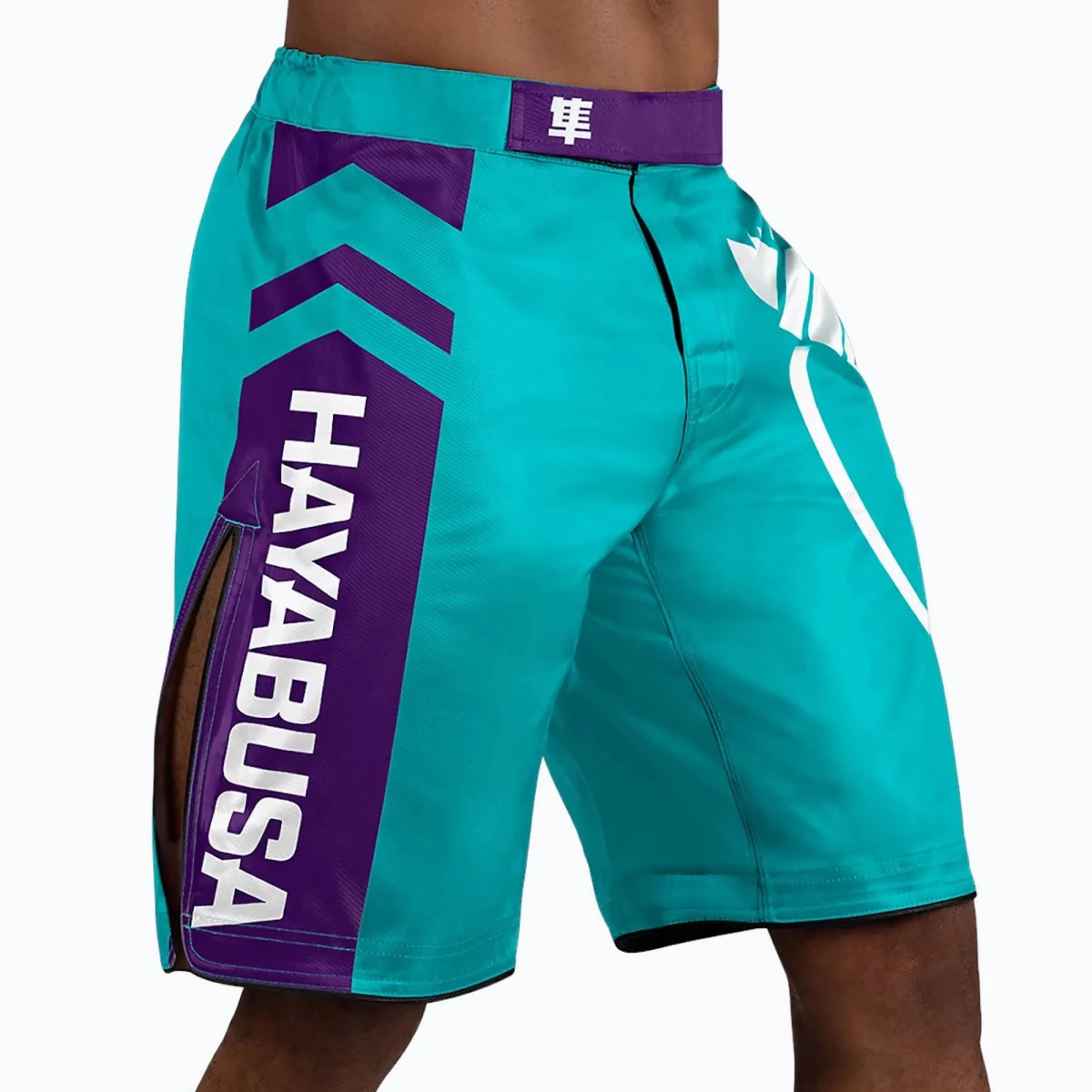 Detail logo bordir Hayabusa pada celana pendek berwarna turquoise.