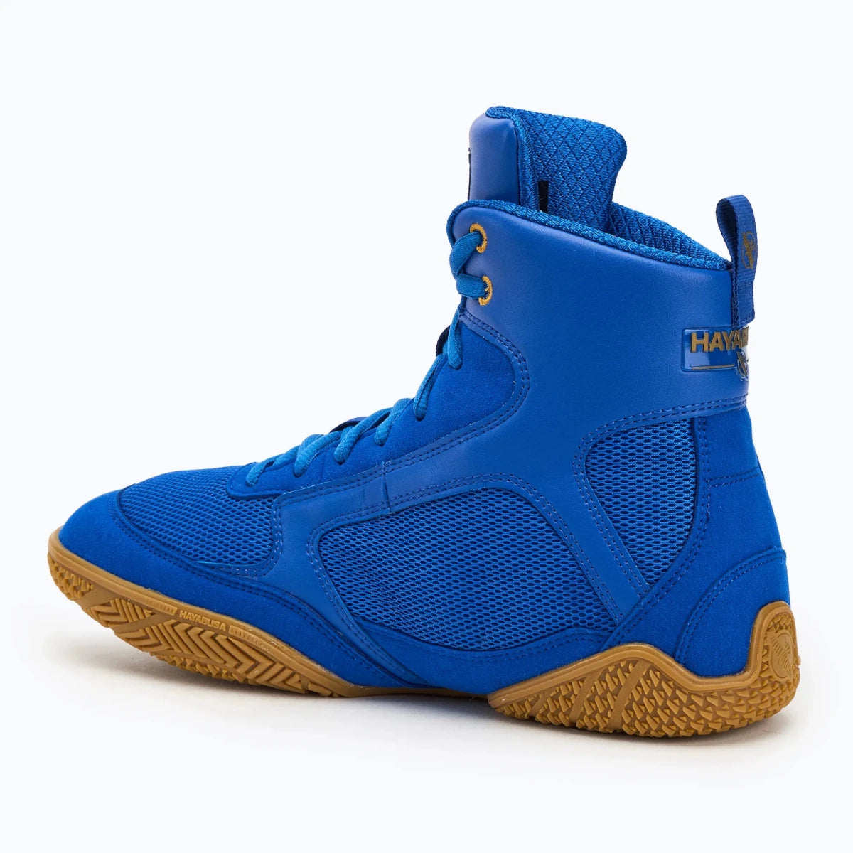 Sepatu tinju Hayabusa Pro biru tampak samping dengan jaring bernapas.