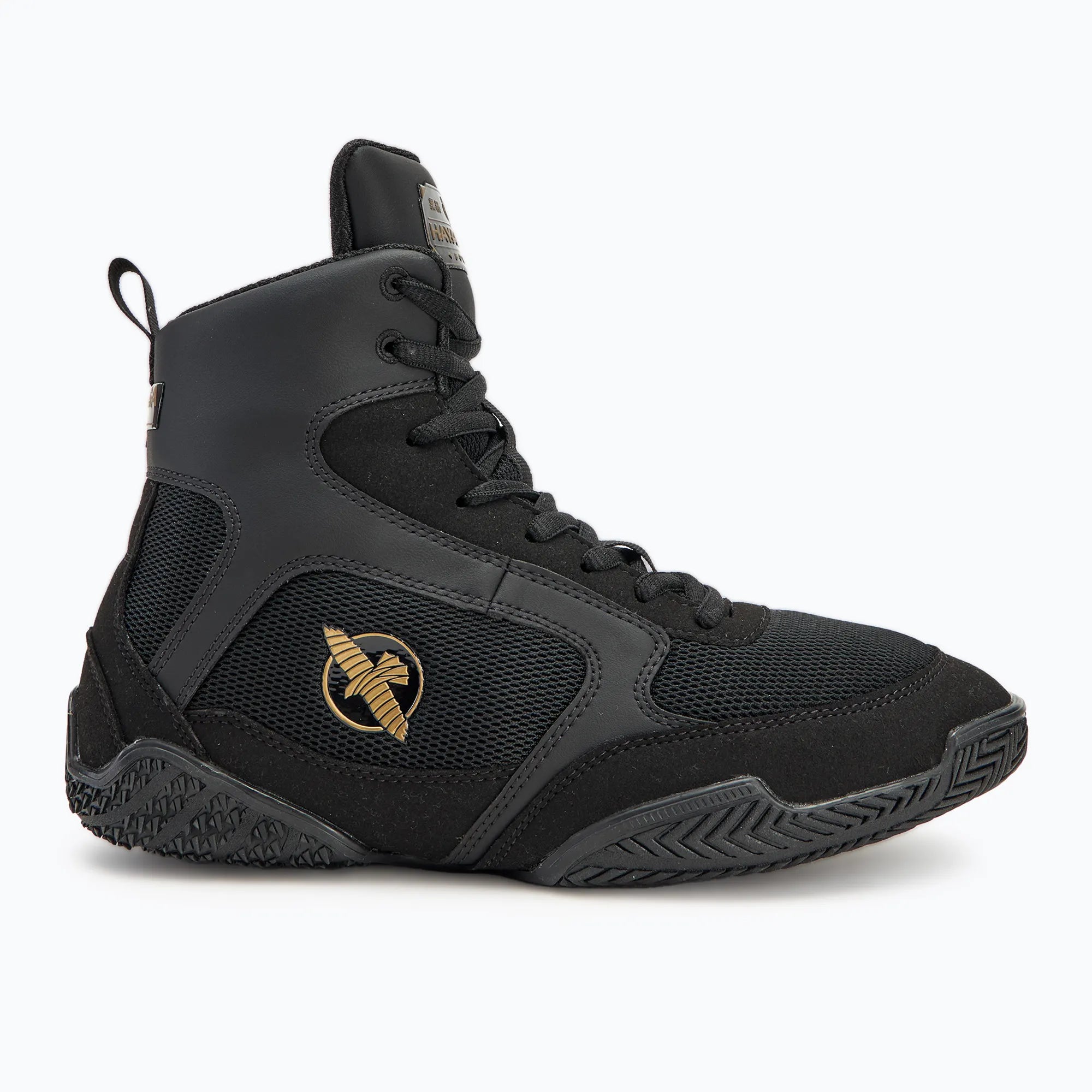 Particolare dei materiali in pelle microfibra scarpe boxe Hayabusa nere.