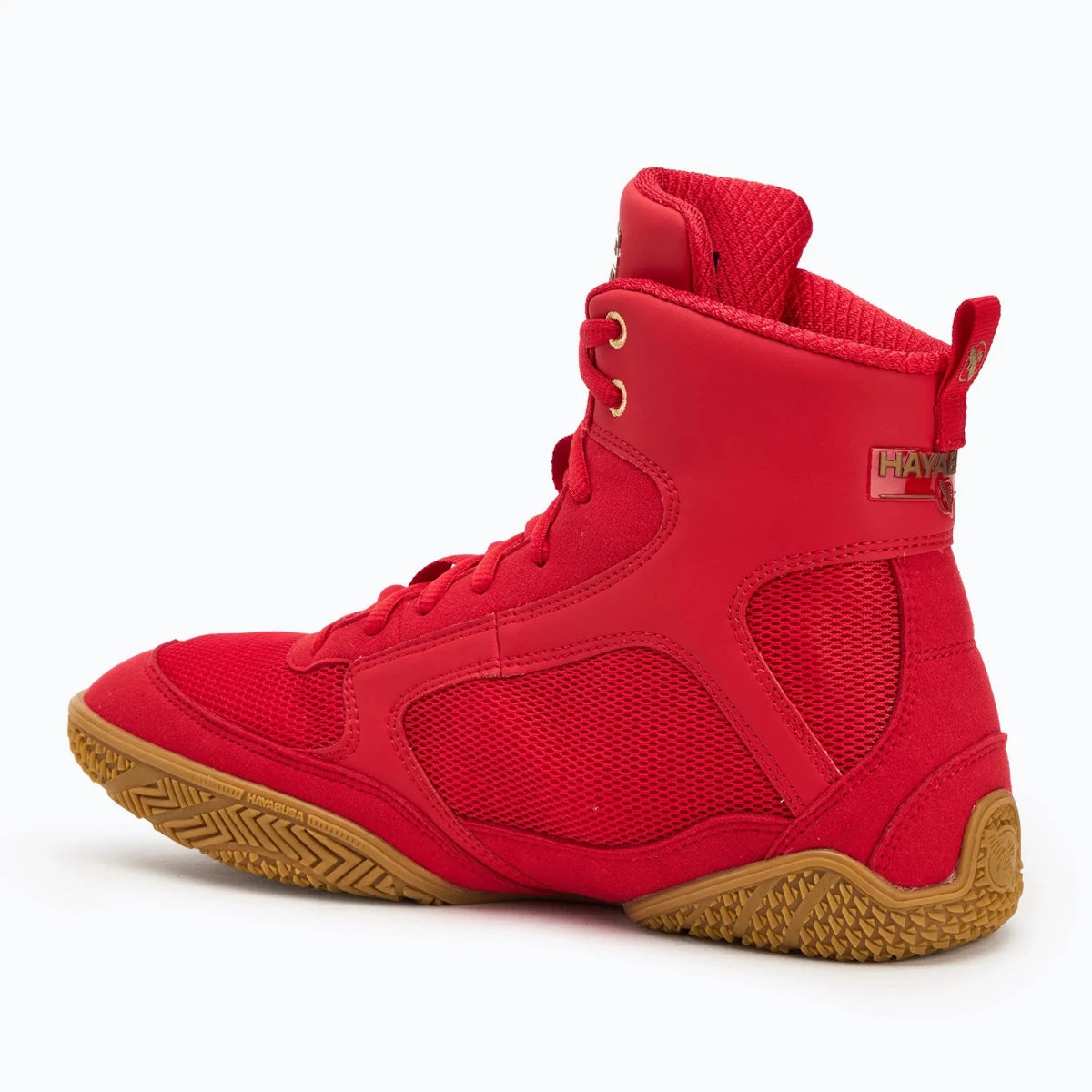 Detail bahan breathable Sepatu tinju Hayabusa Pro berwarna merah.