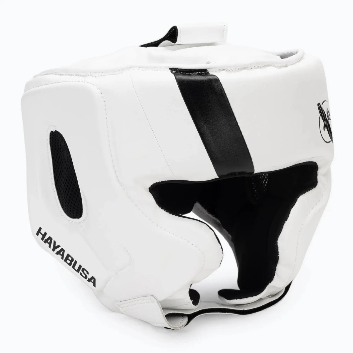 Weißer Hayabusa T3 Boxhelm mit Wangenpolstern für maximale Sichtbarkeit.