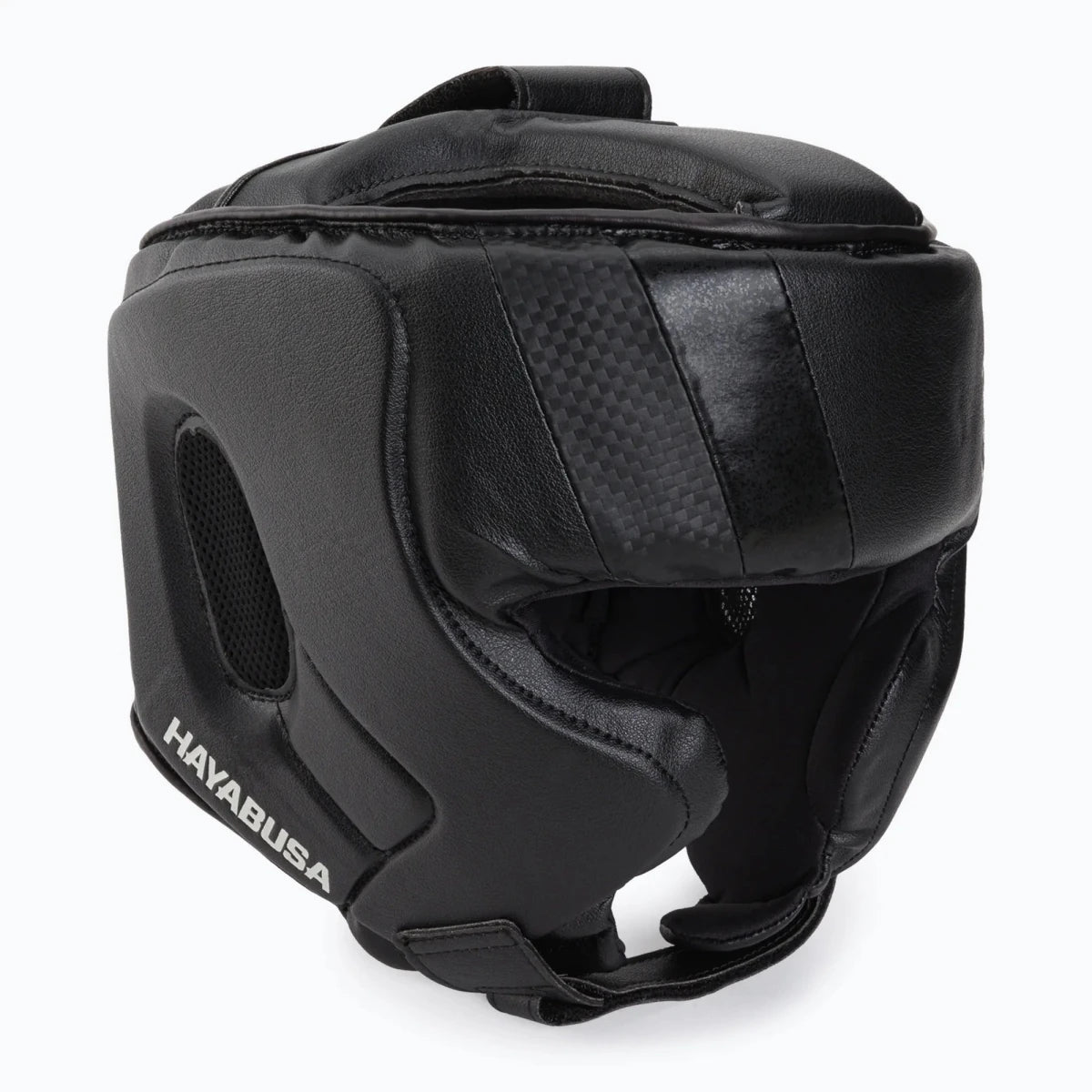 Hayabusa T3 schwarzer Helm mit Wangenpolstern, ideal für die Vorderansicht des Boxens.