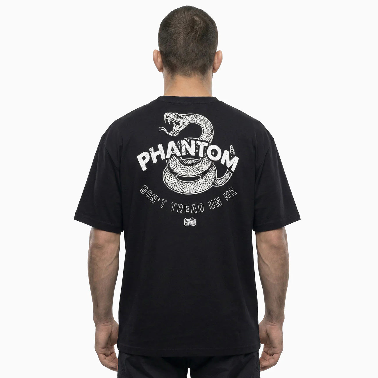 Vista posteriore della t-shirt atletica Phantom Don't Tread On Me con la grafica del serpente Gadsden