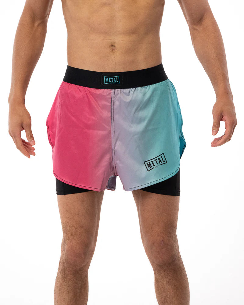 Vista frontale principale pantaloncini 2in1 Metal Boxe Miami Vibe indossati colori brillanti per combat fitness