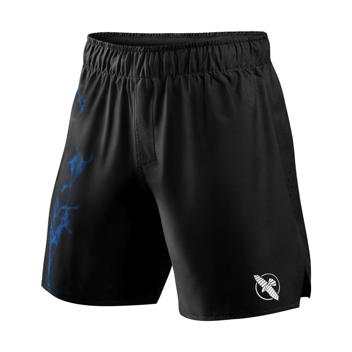 Tampak depan celana pendek bergulat resmi UFC BJJ berwarna hitam dengan detail biru dan penutup serut