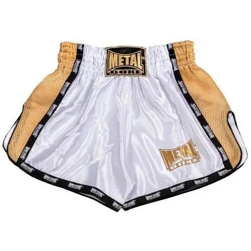 Vista frontale principale pantaloncini Kickboxing uomo Metal Boxe Extrem bianco oro