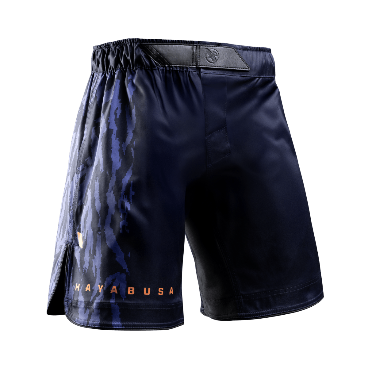Front view of the blue Hayabusa Apex Full-Length MMA shorts, non-slip silicone lined waist