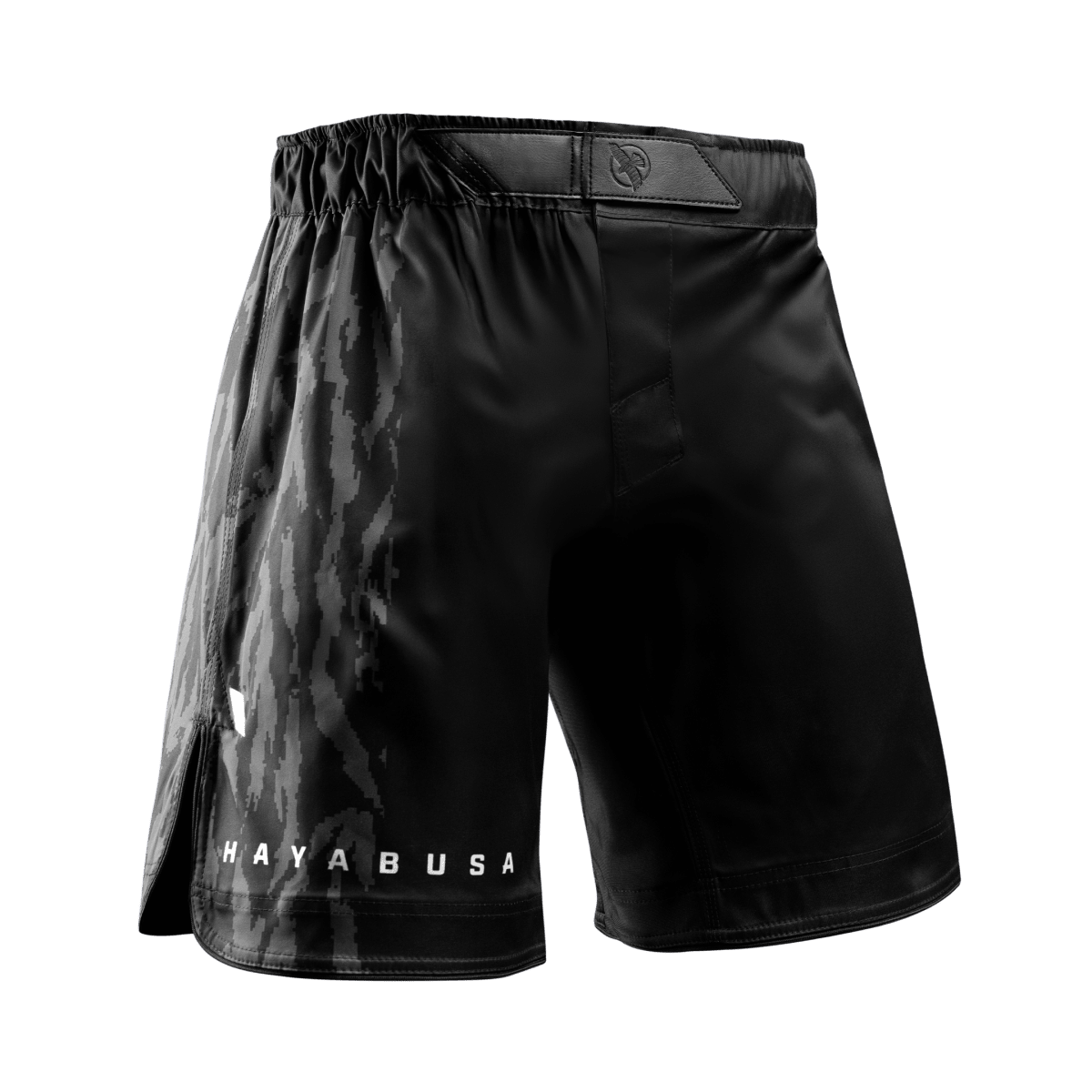 Front view of the black Hayabusa Apex Full-Length MMA shorts, classic cut board short for grappling