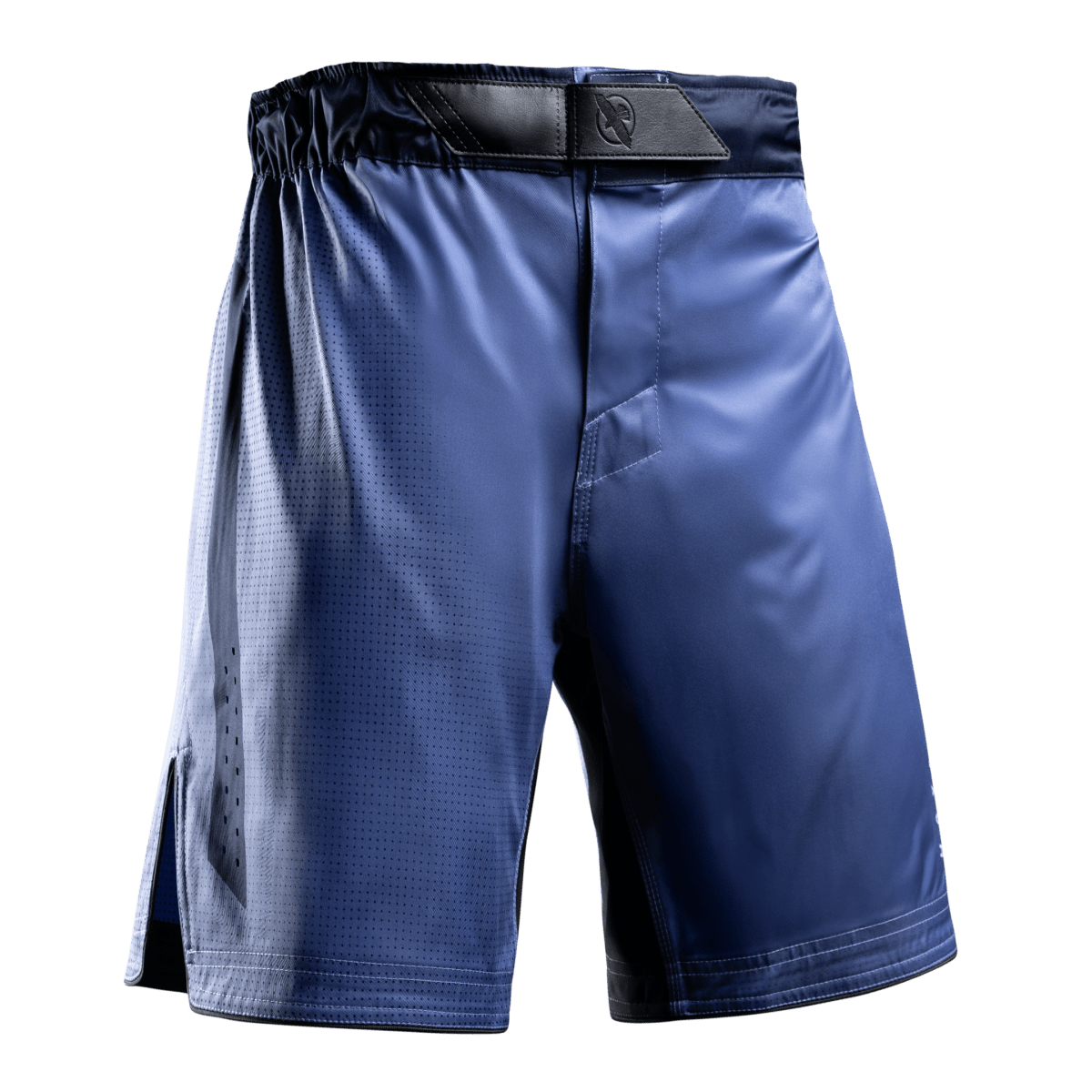 Vorderansicht der blauen Hayabusa Core MMA-Shorts in voller Länge mit Silikonbund
