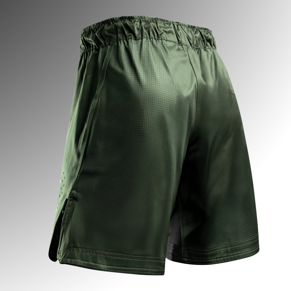 Rückansicht der grünen Hayabusa Core MMA-Shorts in voller Länge, langlebiges Design für intensives Training