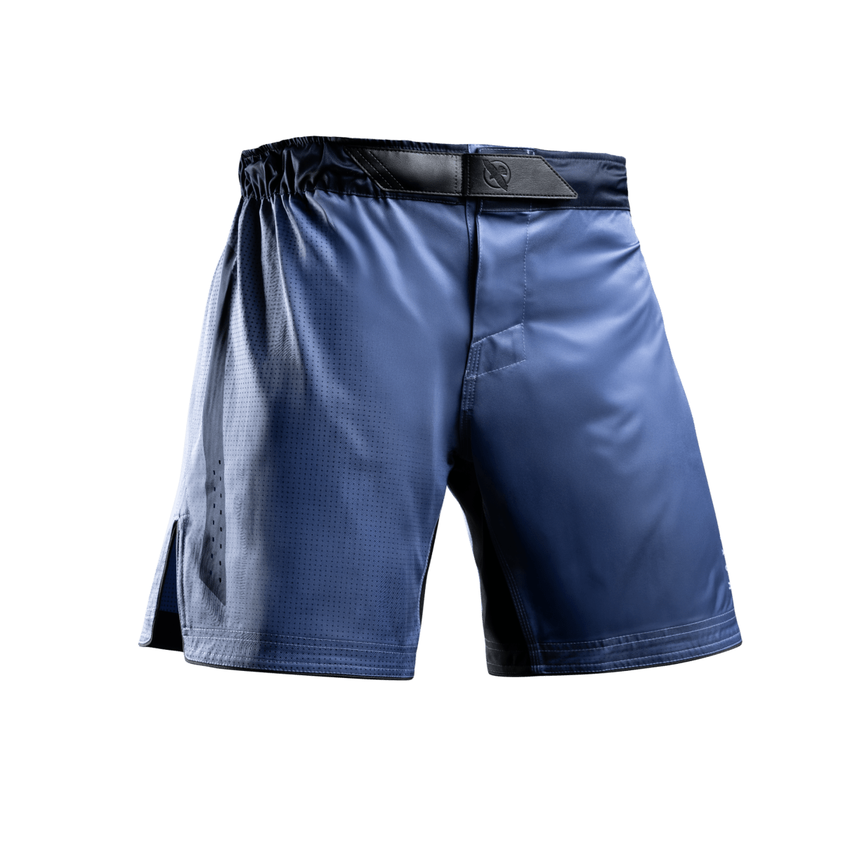Vue de face du short MMA Hayabusa Core Mid-Thigh bleu avec fermeture interlock