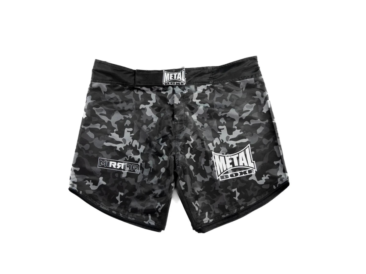 Vista frontal principal Shorts MMA Metal Boxing Mirror efeito espelho preto brilhante