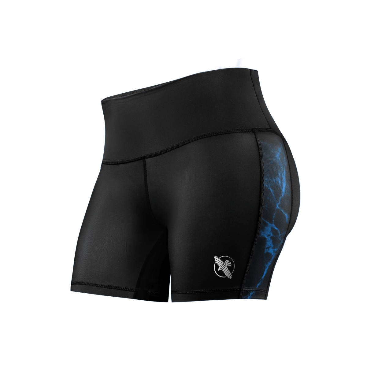 Vorderansicht der schwarzen Vale Tudo UFC BJJ Damenshorts mit blauen Details