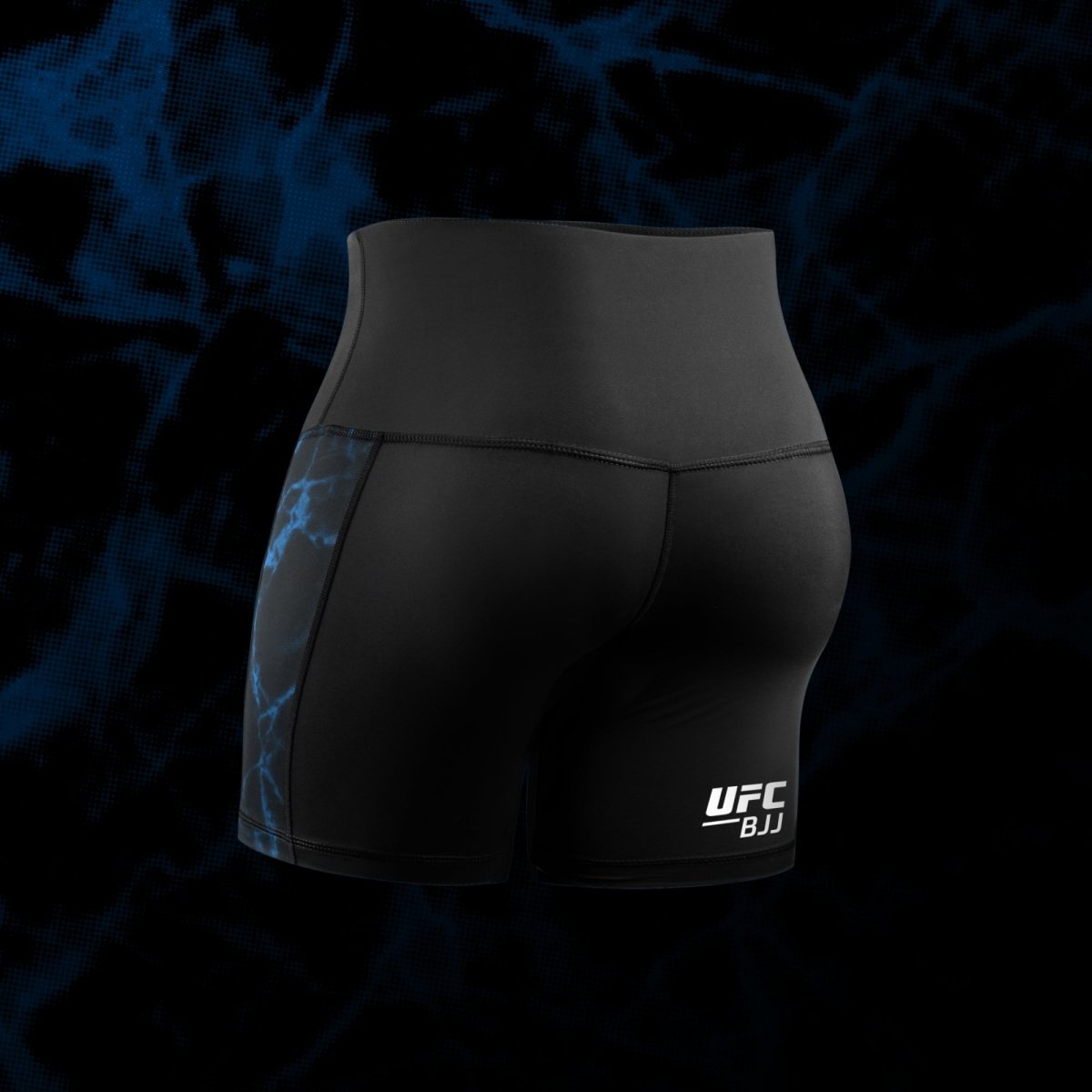 Rückansicht der schwarz-blauen Vale Tudo UFC Damenshorts mit Silikongummi