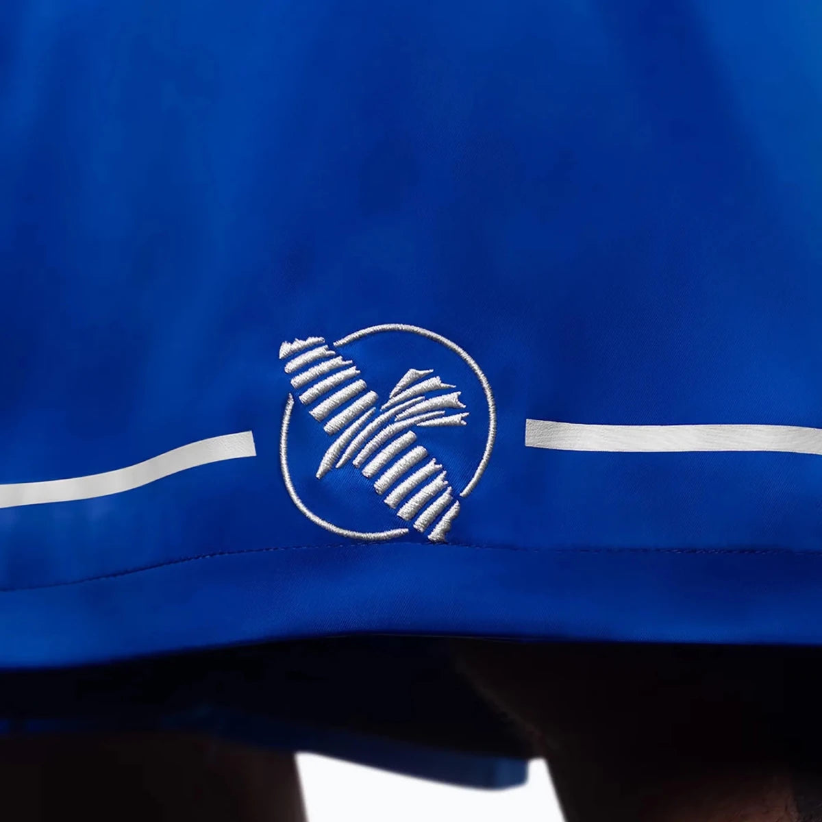 Gestickter Aufnäher mit Hayabusa-Logo auf blauen Boxshorts