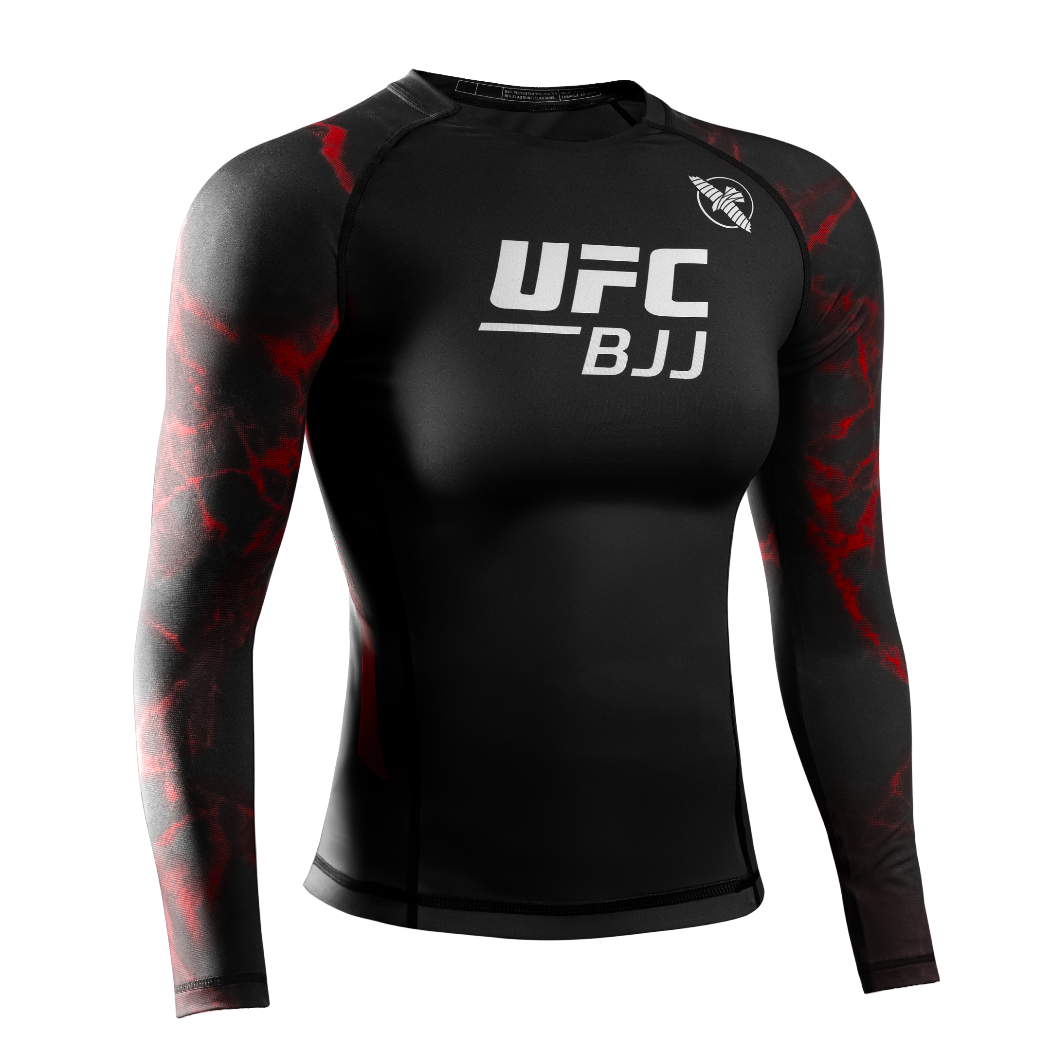 Vista frontale della rash guard donna UFC BJJ a maniche lunghe nera con dettagli rossi, tessuto compressivo 200 GSM