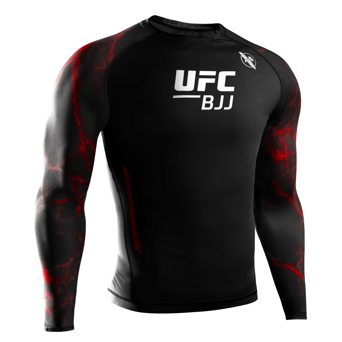 Vooraanzicht van de officiële UFC BJJ rashguard met lange mouwen in zwart en rood