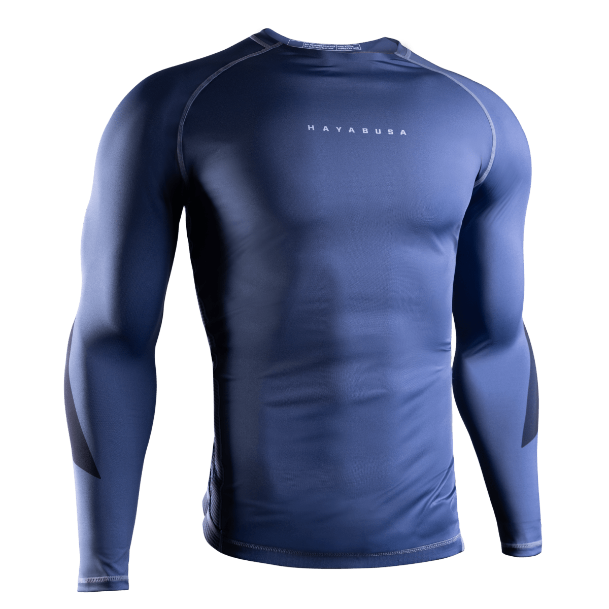 Vorderansicht des blauen Hayabusa Core Langarm-Rashguards aus hochfestem 200 GSM-Gewebe