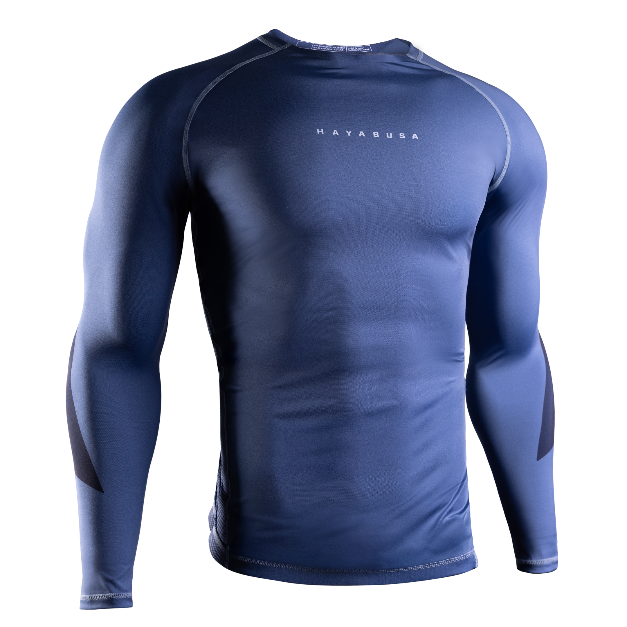Vista frontale della rashguard blu Hayabusa Core a maniche lunghe, tessuto 200 GSM ad alta resistenza