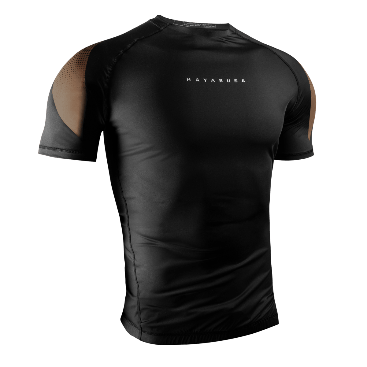 Vorderansicht des Hayabusa Pro Ranked braunen Kurzarm-Rashguards, professioneller Schutz für braune Gürtel