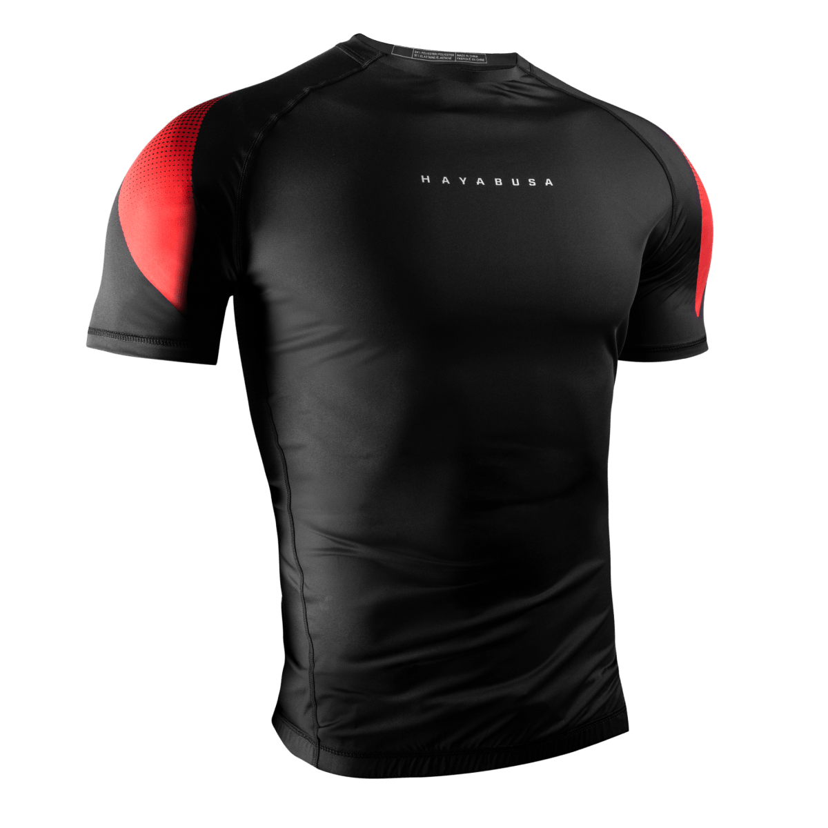 Vorderansicht des schwarzen Hayabusa Pro Ranked Kurzarm-Rashguards, Elite-Passform für schwarze Gürtel