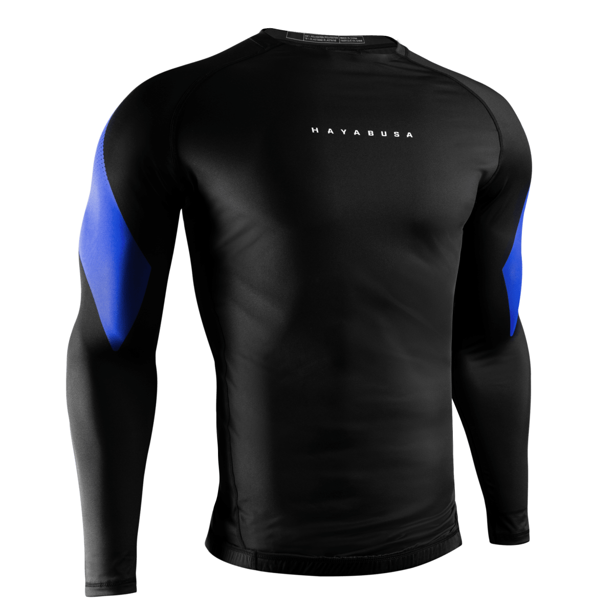 Vorderansicht des blauen Hayabusa Pro Ranked Rashguard, Kompressionspassform für blaue Gürtel