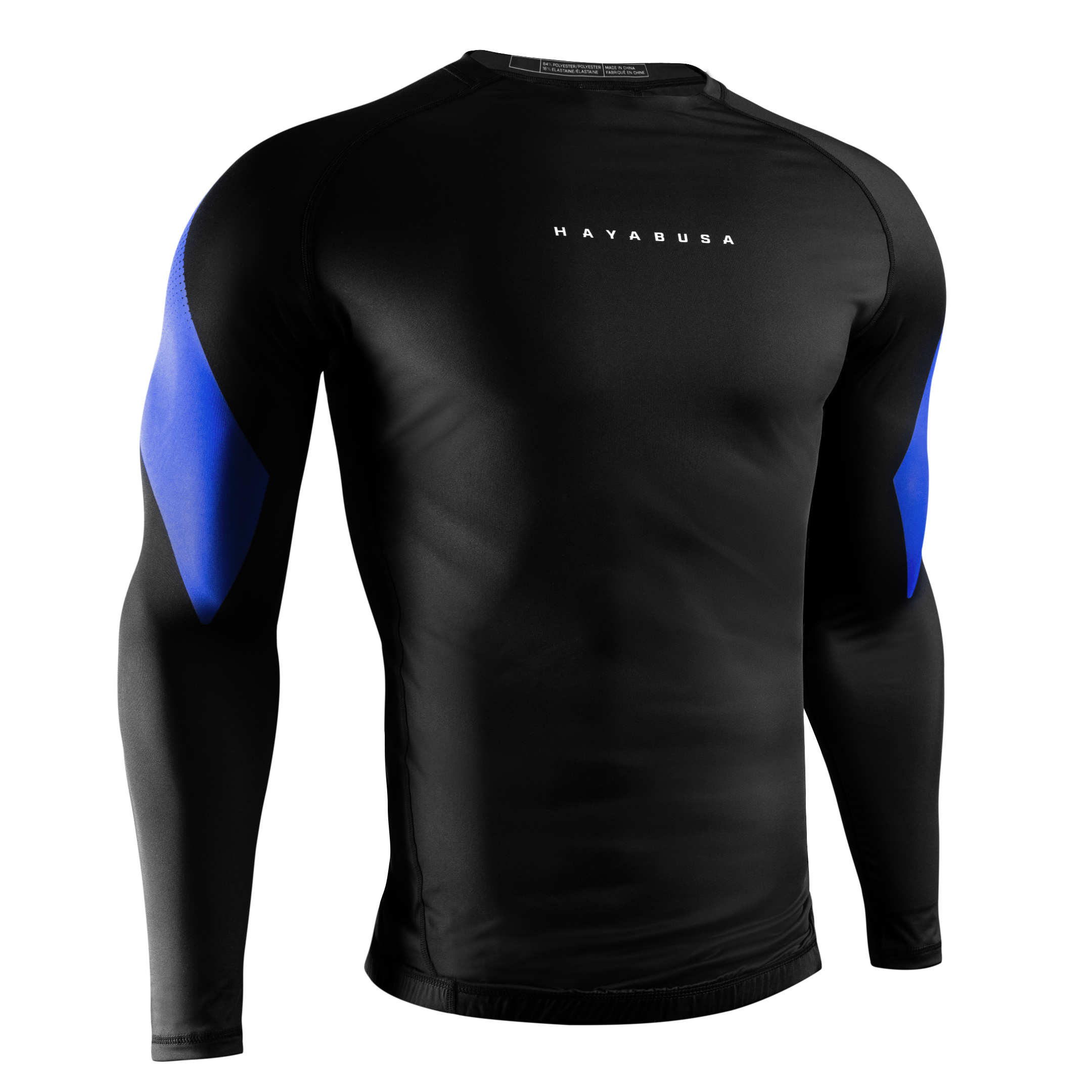 Vista frontale della rashguard Hayabusa Pro Ranked blu, vestibilità a compressione per cinture blu
