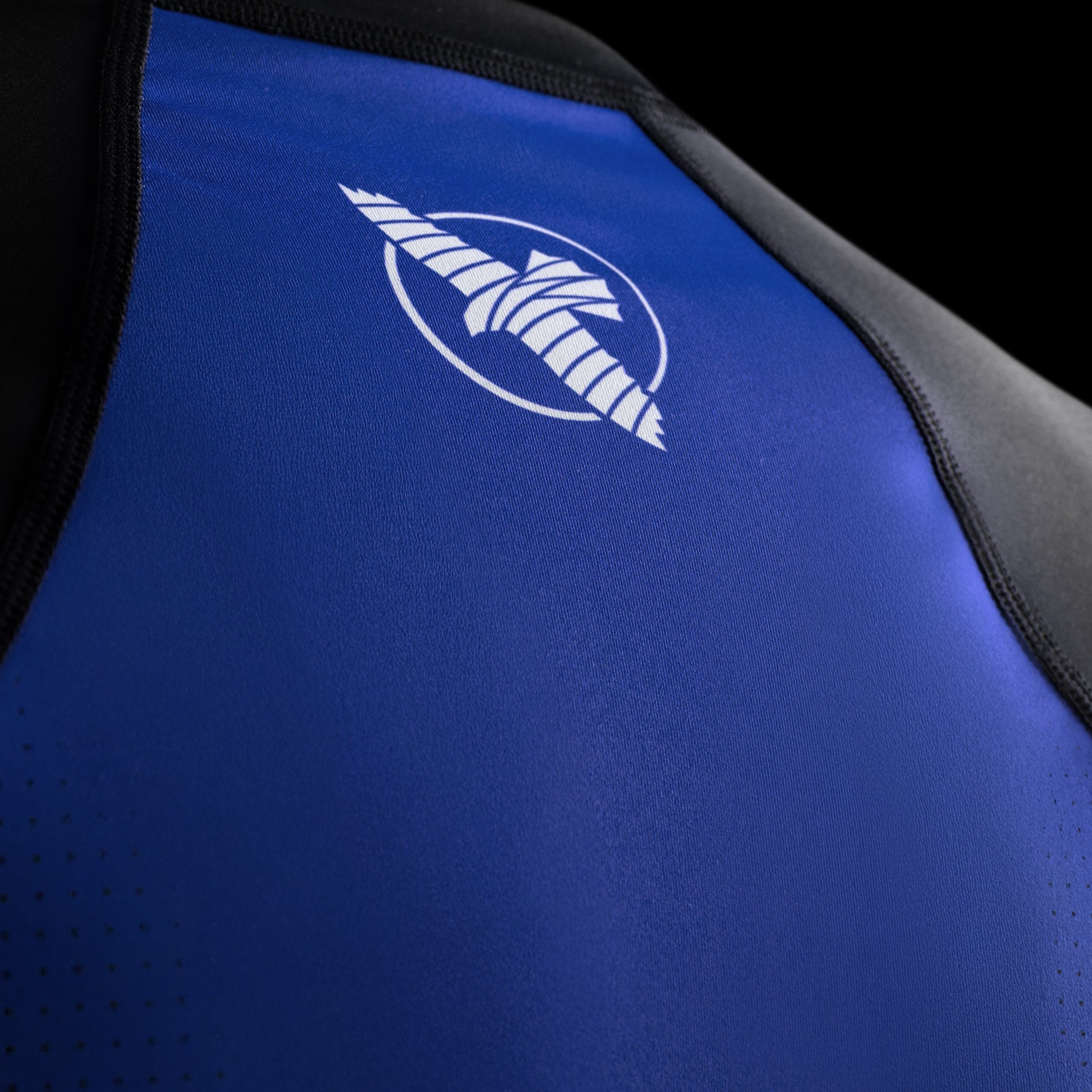 Dettaglio ravvicinato della grafica e del logo Hayabusa sulla rashguard blu Pro Ranked