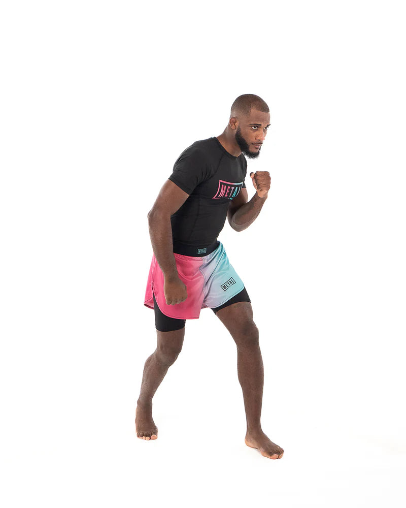 Dettaglio inserto mesh laterale e finiture grafiche rashguard Metal Boxe Miami Vibe